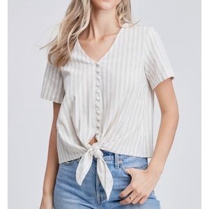 Jolie Striped Linen Front Tie Button Front Top